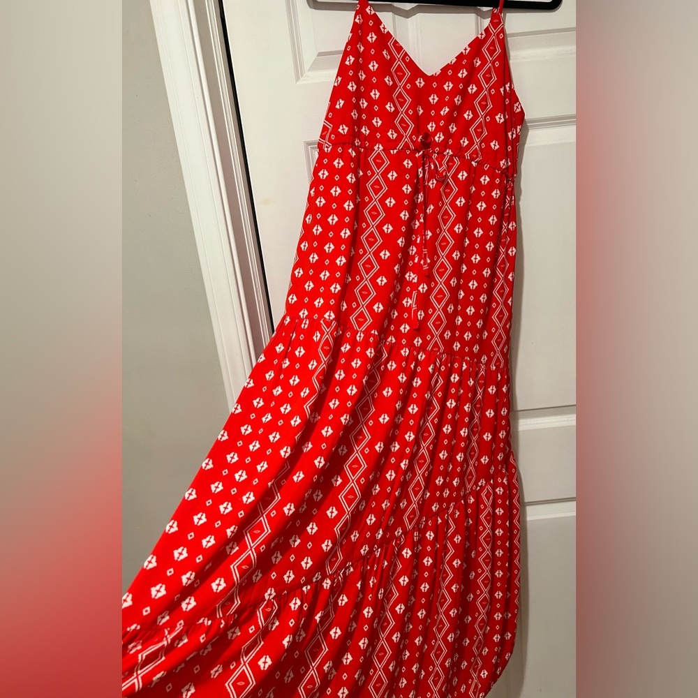 NWOT Red Print Boho Tiered Summer Maxi Dress with Adjustable Spaghetti Straps - Picture 4 of 14
